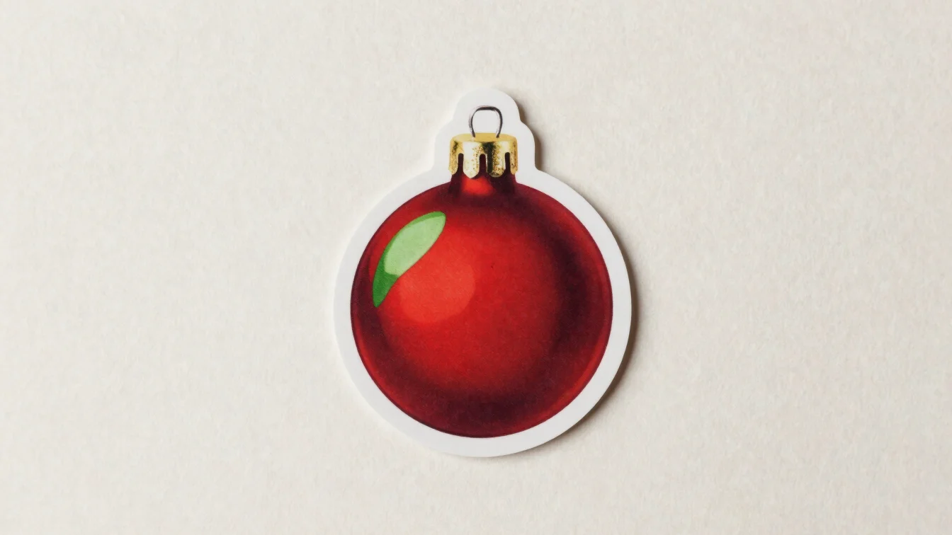 Overhead studio shot of a single festive ornament sticker centered on a neutral off-white backdrop, even soft light, acc