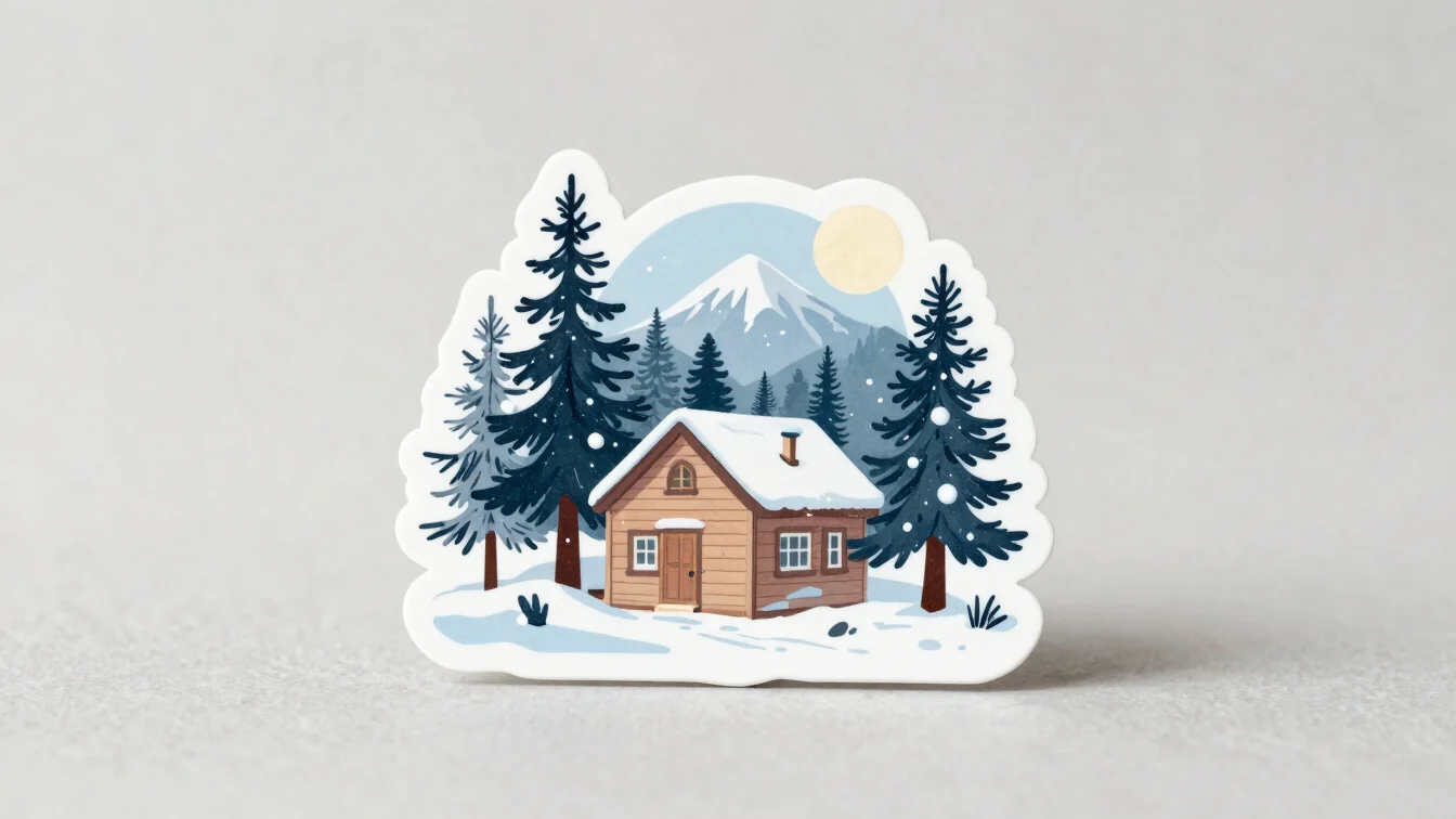 Close product view of a winter greeting sticker on a clean neutral backdrop, soft diffused studio light, balanced color,