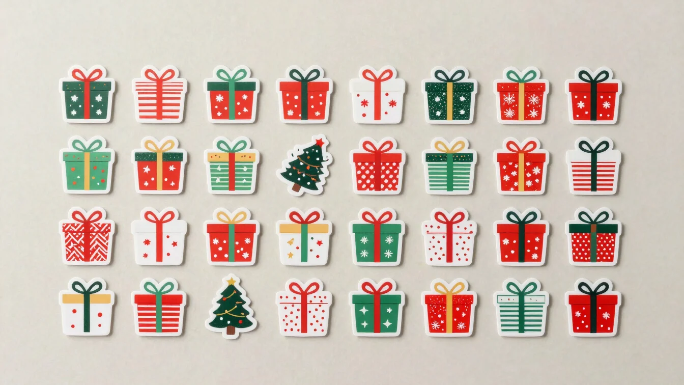 Grouped arrangement of a holiday gift sticker beside a few other seasonal designs on a consistent neutral backdrop, clea