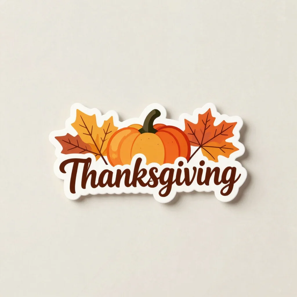 Editorial product photography, square format, a single autumn-themed Thanksgiving sticker design centered on a clean neu