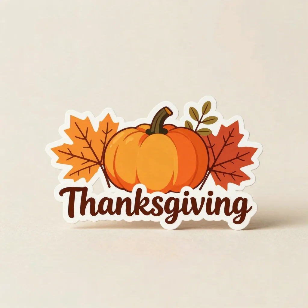Editorial product photography, square format, a single autumn-themed Thanksgiving sticker design centered on a clean neu