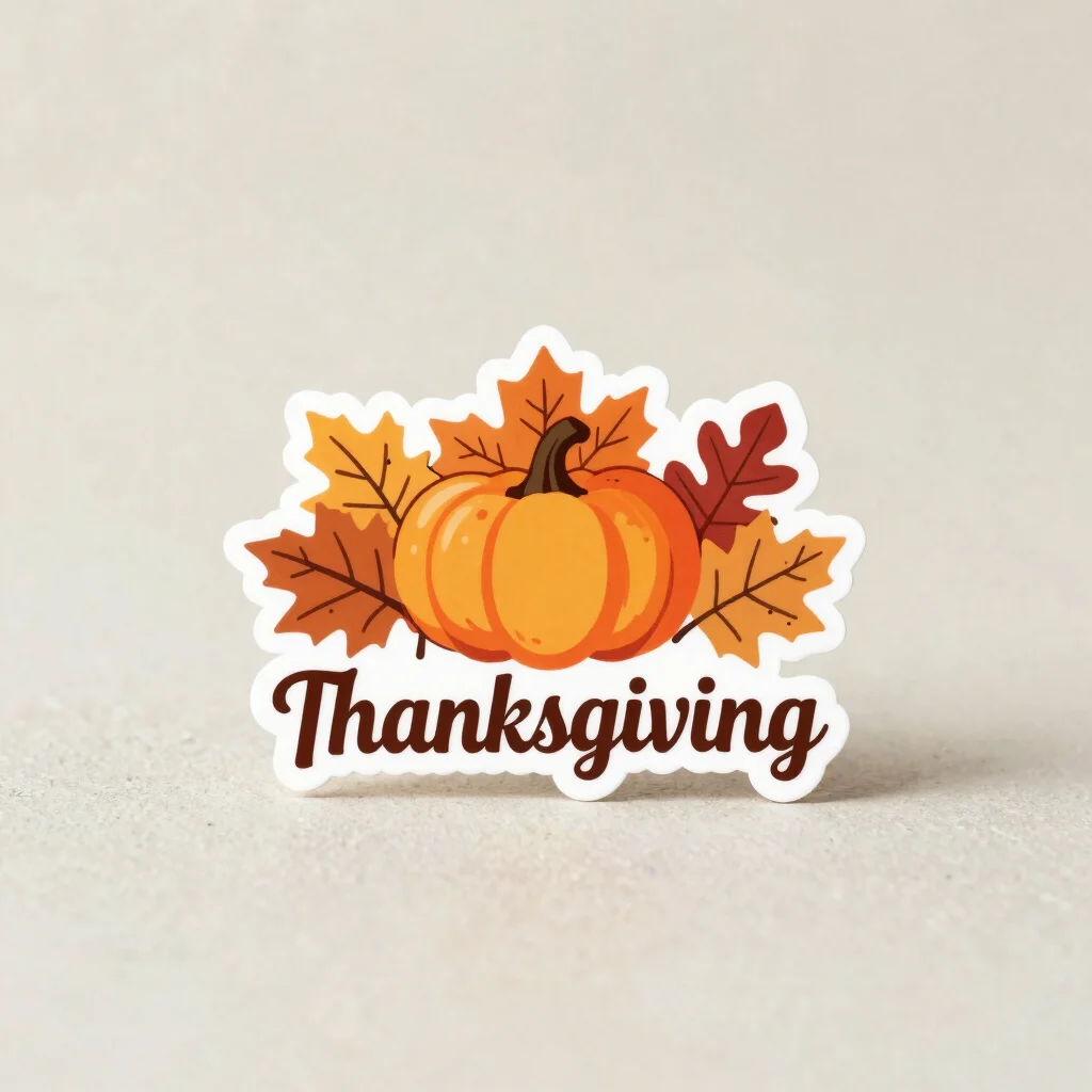 Editorial product photography, square format, a single autumn-themed Thanksgiving sticker design centered on a clean neu