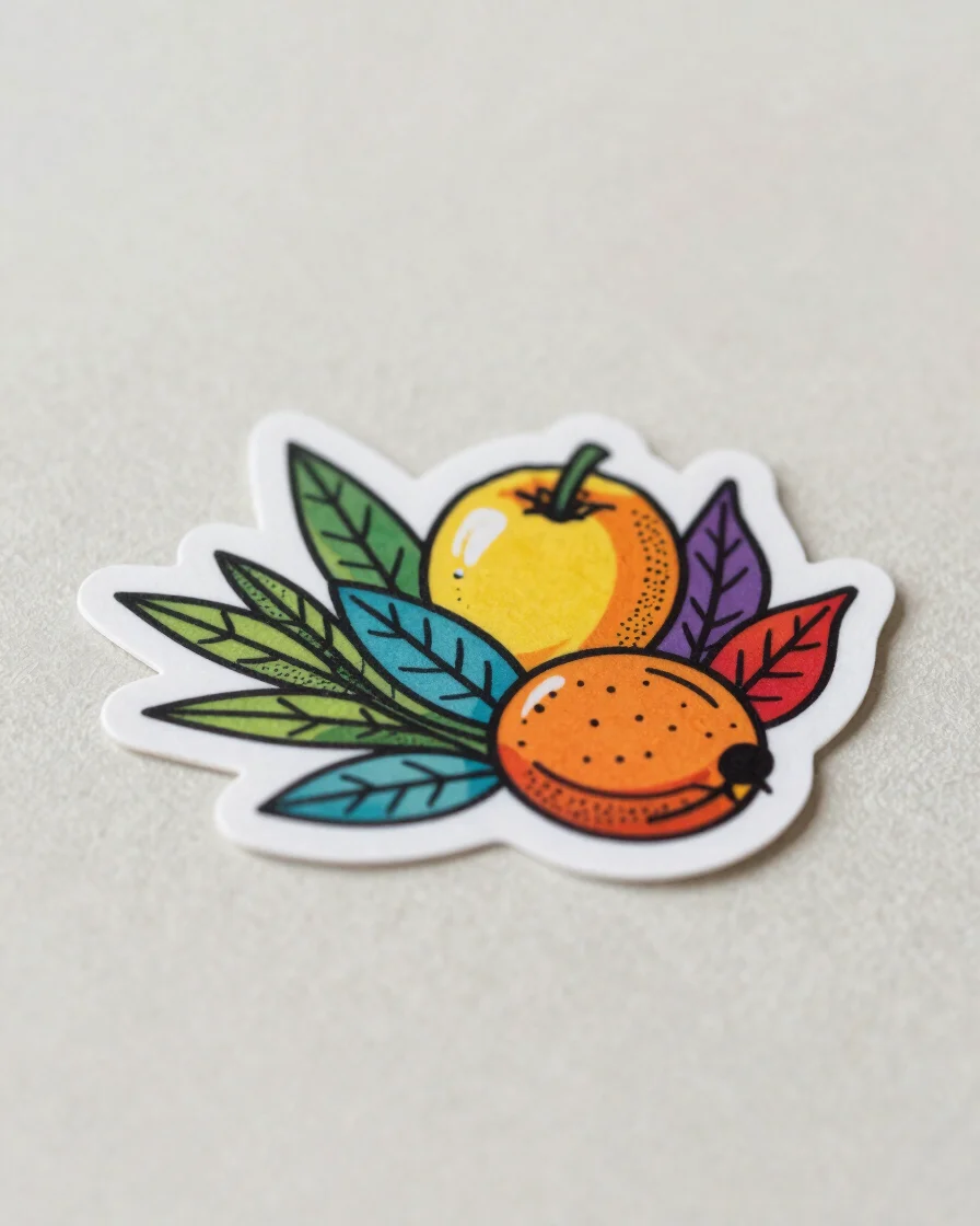 Editorial product photography, close macro detail of sticker artwork with fine linework and vivid color on a clean neutr